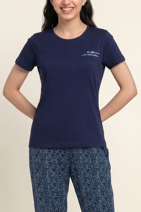 Zivame Knit Cotton Pyjama Set - Blue Depths — image 5